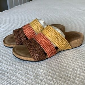 Taos woven sandal in brown terra-cotta and yellow size 10 to 10 1/2